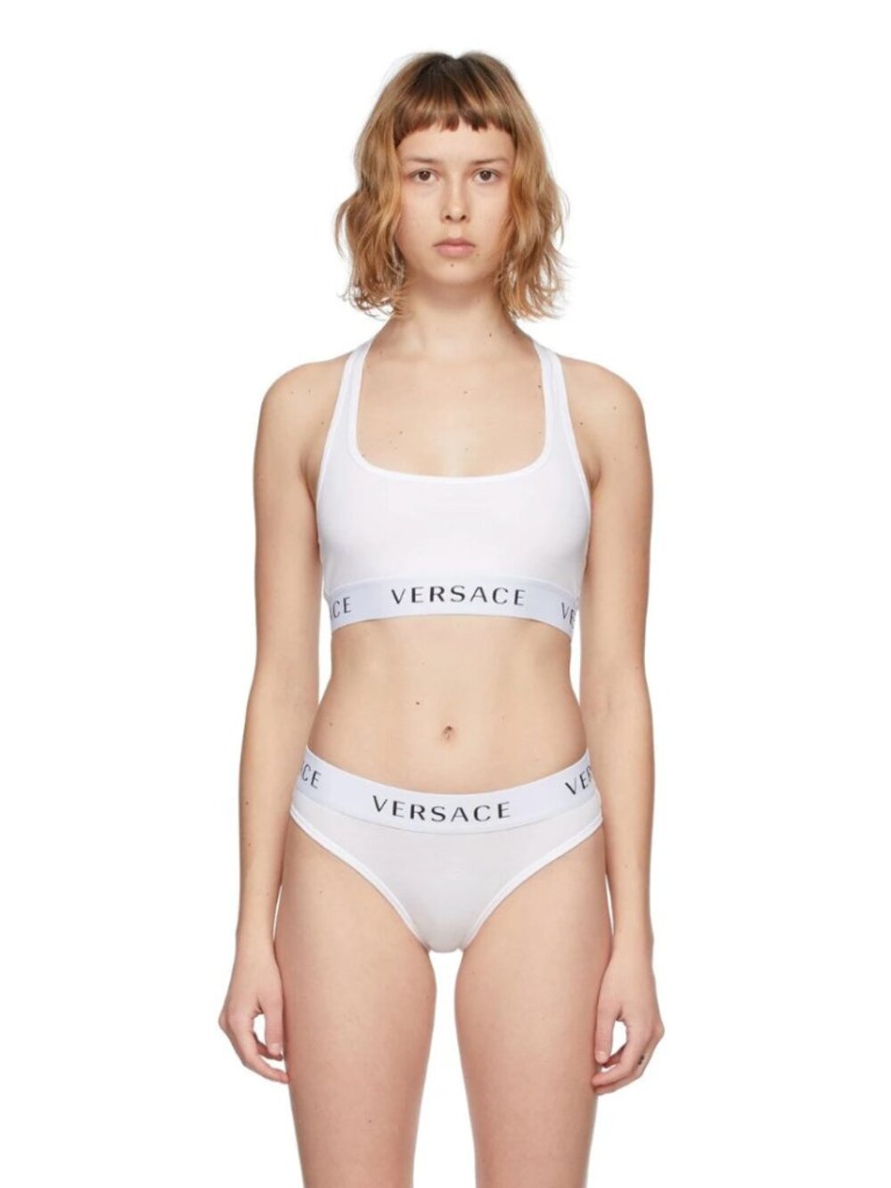 VERSACE White Stretch Cotton Jersey Logo Elastic Band Racerback Bralette, Size 1